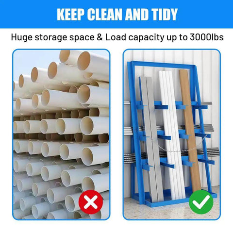 Beefy Vertical Long Parts Storage Rack With 3,000 Lb Capacity For Pipes And Lumber, Blue organizer in a workshop setting