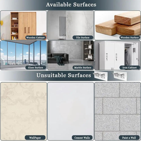 Image showing available and unsuitable surfaces for Twelve Piece Heavy Duty Self Adhesive Shelf Brackets Built Tough To Hold A Ton Of Weight With Zero Drilling Required And Easy Install For Kitchen Cabinets And Closets.