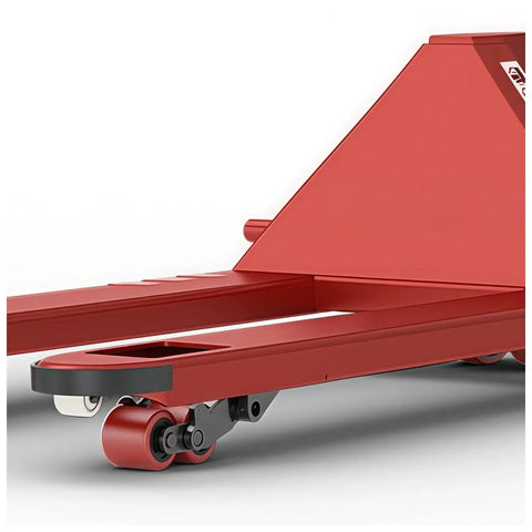 Heavy Duty Manual Hydraulic Pallet Truck With Push Rod Height Control And Adjustable Fork Height And Dual Wheel Linkage For Easy Pallet Lifting And Loading Dock Moves For Heavy Loads On Busy Loading Docks And Warehouses, red steel forks