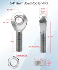 3/4 Inch Heim Joint Rod End Kit measurements, heat treated chromoly steel, showing left and right thread specifications.