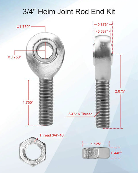 3/4 Inch Heim Joint Rod End Kit measurements, heat treated chromoly steel, showing left and right thread specifications.