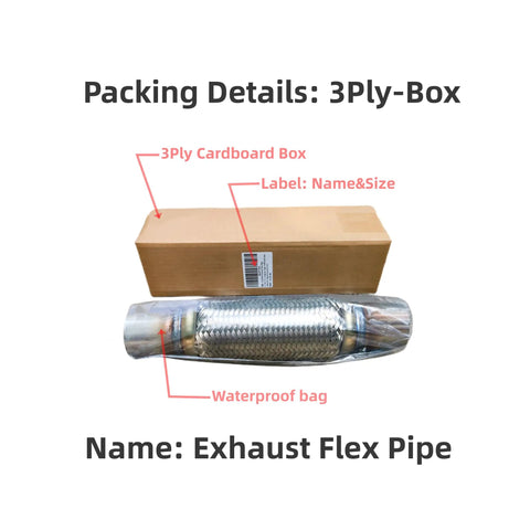 Beefy Universal Exhaust Flex Pipe 2.25 Inch Stainless Steel Double Braided 2 Ply Leak Proof Design in packaging with cardboard box