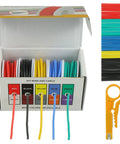 Open box showing 16 AWG Flexible Silicone Wire Hookup Kit With Heat Shrink Tubing Multicolor 13.12 Ft Per Color Includes Mini Wire Stripper