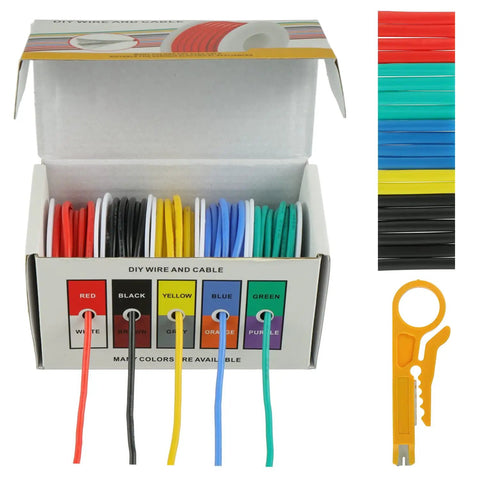 Open box showing 16 AWG Flexible Silicone Wire Hookup Kit With Heat Shrink Tubing Multicolor 13.12 Ft Per Color Includes Mini Wire Stripper