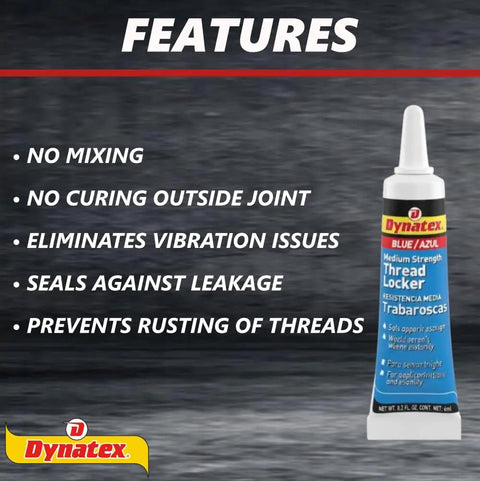 Blue Medium Strength Threadlocker 6ml Tube For Bolts And Fasteners Prevents Loosening From Vibration And Locks Tight Rust And Corrosion Protection For Cup Plugs Starter Mounts Oil Pan Valve Cover Bolts shown with features.