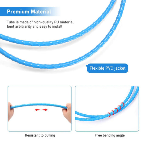 2m Heavy Duty Throttle Cable with blue weatherproof PVC sheath, flexible PVC jacket, and stainless steel core detail