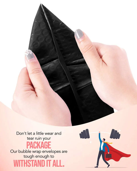 Hands holding Two Size Bubble Mailers 100 Pack Padded Envelopes Self Seal Black For Shipping 4x8 And 6x10 Inches With Strong Adhesion