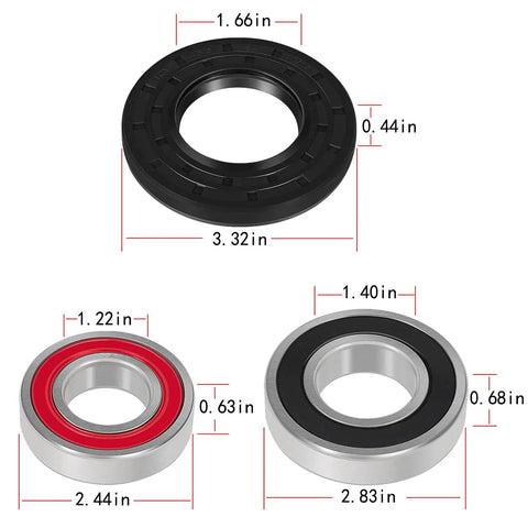 Washer Seal And Bearing Replacement Kit For Tub And Drum Shaft Assembly Repair Includes Outer Rear Tub And Compatibility With DC97-17004A B E DC97-17040B DC62-00156A DC97-19636A And WF393 WF395 WF24H WF42H WF405 Models showing bearings and seal with dimensions
