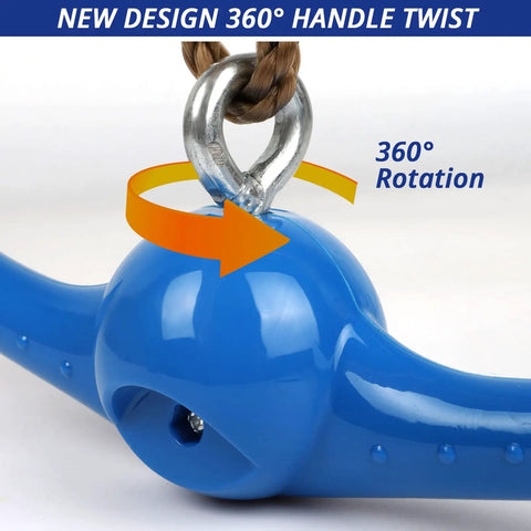 Close-up of Ninja Twister Swing Spins Set Slackline Attachments with 360 Degree Handle Twist Spin Flips Toy in blue.