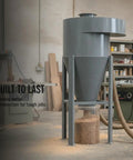 Heavy Duty Industrial Dust Collector System For Workshop Metal Shavings And Manufacturing Plants Built Tough As Nails For Slick Clean Air Filtration, cylindrical metal unit with clear bin.