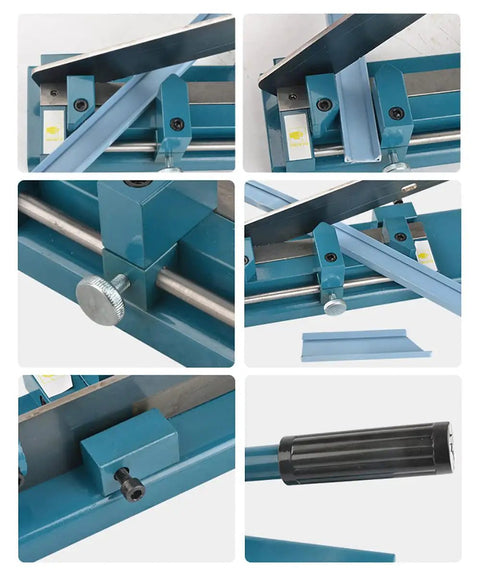 Heavy Duty PVC Trunking Cutter showing adjustable angles and components for wiring ducts, featuring a sharp blade and safe lock.