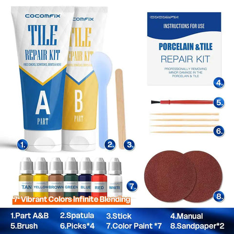 Color Match Ceramic And Porcelain Tile Repair Kit With Ultra Bond Adhesion For Chips Cracks Holes On Ceramic Porcelain Acrylic Fiberglass Surfaces DIY Friendly Quick Fix For Bathrooms And Kitchens showing repair tubes, spatula, pigments, and tools.