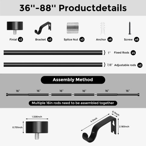 Heavy Duty 1 Inch Curtain Rod Set Adjustable From 36 To 88 Inches Black End Cap Drapery Rod With Modern Design parts diagram