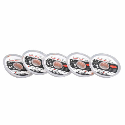 Five rolls of 1.5mm red copper solder wick braid for quick tin removal, ideal for PCB and motherboard phone repairs, durable copper.