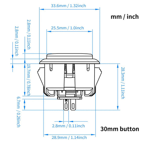 Gravity KS 30mm Mechanical Pushbuttons With Silent Linear Shafts, Snap In Mount, button schematic, dimensions detailed