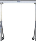 Heavy Duty Welded Aluminum Adjustable Height Gantry Crane With Greased Up Glass Filled Nylon Swivel Casters Set To Eight Feet Wide And Twelve Feet Tall For Serious Two Thousand Pound Shop Hustle standing on a white background.