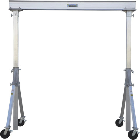 Heavy Duty Welded Aluminum Adjustable Height Gantry Crane With Greased Up Glass Filled Nylon Swivel Casters Set To Eight Feet Wide And Twelve Feet Tall For Serious Two Thousand Pound Shop Hustle standing on a white background.