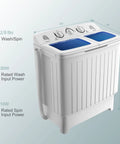 Chill Compact Twin Tub Washing Machine, 12 Lb Washer And 8 Lb Spinner Combo, showing dimensions and power ratings.