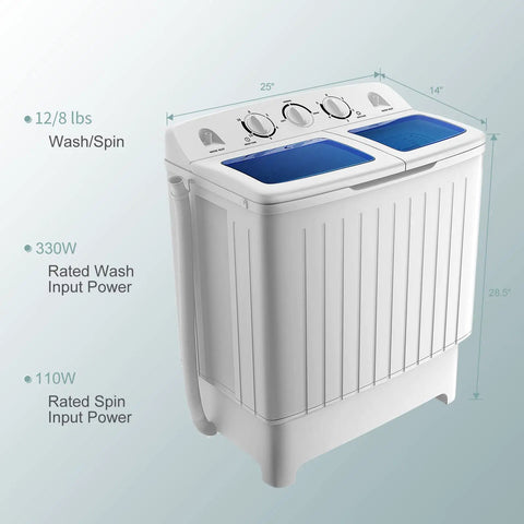 Chill Compact Twin Tub Washing Machine, 12 Lb Washer And 8 Lb Spinner Combo, showing dimensions and power ratings.