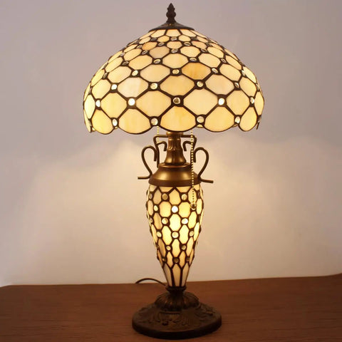 Cream Amber Stained Glass Bead Lampshade 12x6 Inch Replacement for Table Lamps Pendant Lights and Ceiling Fixtures, Tiffany Style Glass Shade With Cap, Shade Only on lamp.