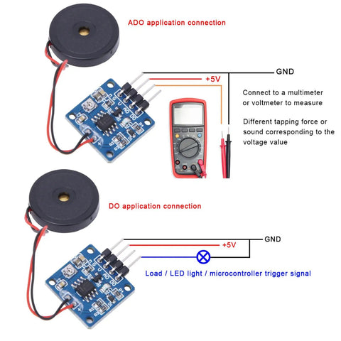 Two Pack Piezo Vibration Sensor Module 5V DC Analog Digital Output With Adjustable Sensitivity, connected to multimeter for ADO/DO use