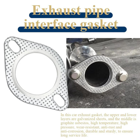 Two 3-inch exhaust flange gaskets; perforated galvanized metal with bolt holes, shown front and installed views