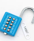 10 Dial Button Combination Padlock With 5 Position Locking Mechanism in blue, showing keypad and open hardened steel shackle