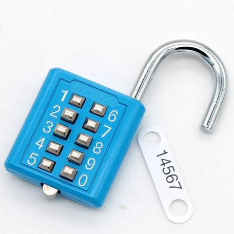 10 Dial Button Combination Padlock With 5 Position Locking Mechanism in blue, showing keypad and open hardened steel shackle