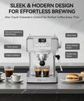 Premium 20 Bar Espresso Machine With Sleek Stainless Steel Finish And Heavy Duty Milk Frother For Bold Barista Style Shots And Smooth Latte Brews That Always Hit Different, featuring digital display and dual shot extraction.
