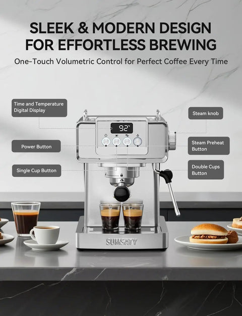 Premium 20 Bar Espresso Machine With Sleek Stainless Steel Finish And Heavy Duty Milk Frother For Bold Barista Style Shots And Smooth Latte Brews That Always Hit Different, featuring digital display and dual shot extraction.