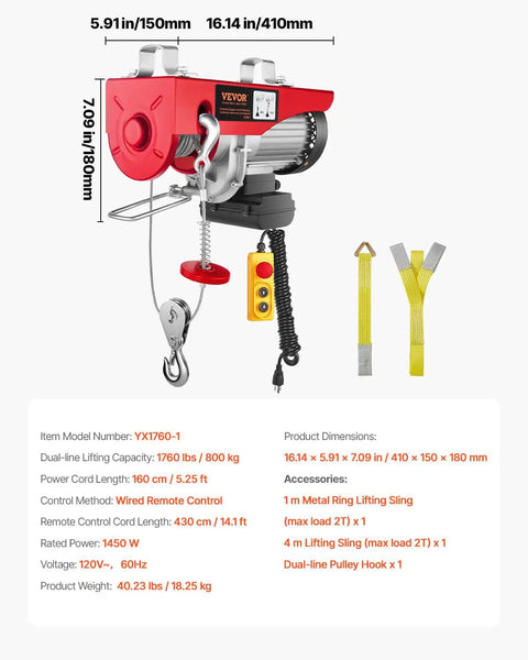 Electric Hoist 1760lbs With 14Ft Wired Remote Control, 110V Lifting System For Garage, Warehouse Or Factory shown with parts