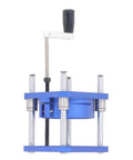 Adjustable Router Lift Base Plate Featuring Zero To Fifty Four Millimeter Height Control For Sixty Four To Sixty Five MM Routers in blue aluminum.
