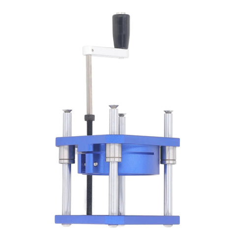 Adjustable Router Lift Base Plate Featuring Zero To Fifty Four Millimeter Height Control For Sixty Four To Sixty Five MM Routers in blue aluminum.