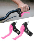 Kids Bike Brake Levers Set For 2cm Handlebar Diameter Easy Reach Brakes Pink Mountain And Folding Bike Parts Safe Stop Responsive Braking Fits Most Kids Bikes Easy Install Durable Aluminum Construction Ergonomic Pull Replacement Part, pink levers installed and detailed view