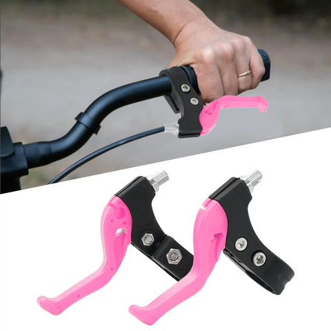 Kids Bike Brake Levers Set For 2cm Handlebar Diameter Easy Reach Brakes Pink Mountain And Folding Bike Parts Safe Stop Responsive Braking Fits Most Kids Bikes Easy Install Durable Aluminum Construction Ergonomic Pull Replacement Part, pink levers installed and detailed view