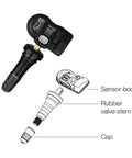 Diagram showing 2 In 1 MaxiTPMS Tire Pressure Sensor 315MHz And 433MHz with rubber valve, sensor body, and cap.