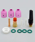 Heavy Duty Tig Torch Consumables Kit With Copper Collet Body And Clear Cup For Clean Welds. Includes ceramic nozzles and O-rings.
