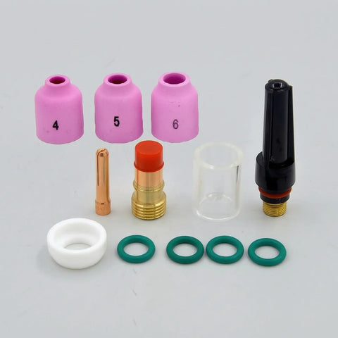Heavy Duty Tig Torch Consumables Kit With Copper Collet Body And Clear Cup For Clean Welds. Includes ceramic nozzles and O-rings.