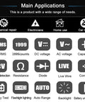 Main applications of A1X Handy Smart Digital Multimeter Tester shown with icons for voltage, resistance, diode, live wire, and continuity.