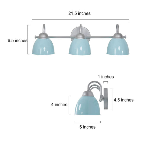 Blue Metal Shade Three Light Vanity Light With Brushed Nickel Finish Over Mirror For Bathroom Bedroom And Hallway, 21.5 Inch Length