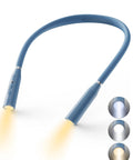 Blue neck reading light with flexible arms, showing 3 color temperatures. Neck Reading Light For Bedside Reading, Knitting, Crochet, And Camping.