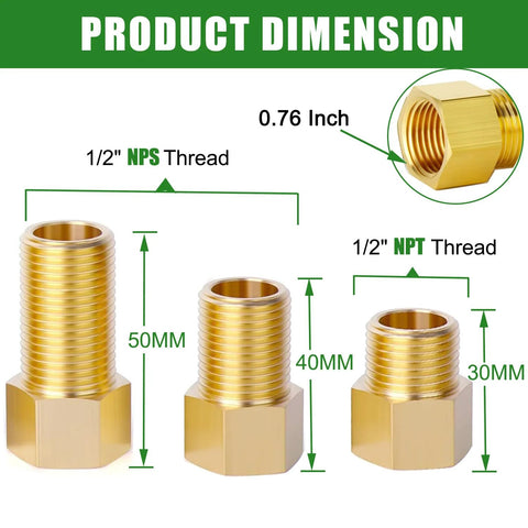 Brass 1/2-inch pipe adapter set (3 pcs) with hex bushings, male-to-female threads, lengths 50mm, 40mm, 30mm