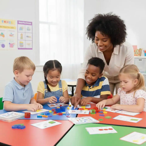 Children and teacher using Set Of Five Math Manipulatives Kit With Base Ten Blocks Number Rods Numbers 0 To 9 Ten Frame Counters