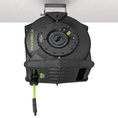 Levelwind Retractable Air Hose Reel 3/8 Inch By 75 Feet Workhorse Heavy Duty Lightweight Hybrid For Garages And Shops mounted view