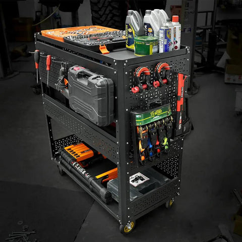 3 Tier Detachable Utility Cart With Steel Pegboard Foldable Rolling Tool Cart On Wheels For Garage Organization And Tool Storage