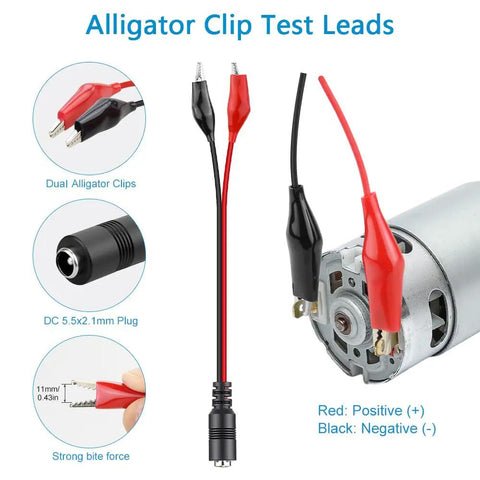 Dual alligator clips for Universal Power Supply Adapter 120W With Adjustable DC Output 3.5V-24V, red positive, black negative.