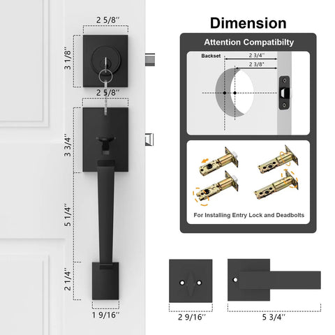 Matte Black Double Door Handle Set With Heavy Duty Zinc Alloy Construction, dimensions and components displayed, lock set included.
