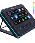 Front view of Macro Keypad For Streaming Deck With 18 Pro Grade Programmable Keys Visual LCD Pad And USB Soundboard For OBS YouTube Live Streaming And Desk Setup On PC Mac Laptop, showing 15 LCD keys and 3 buttons, black design with RGB edges.