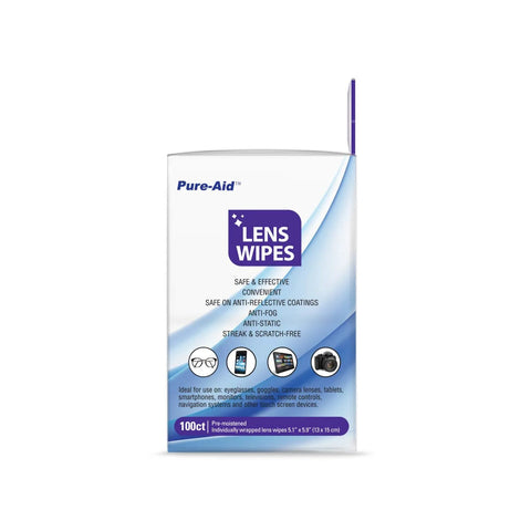 Front view of Pure-Aid Lens Wipes box, 100 count, white and blue packaging with purple Lens Wipes logo.