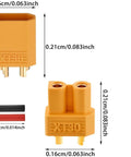 XT30 Battery Connector Kit With 60 Connectors 30 Male And 30 Female Plus Heat Shrink Tubing For RC Drones Cars Boats And ESCs Gold Plated Nylon Bullet Plugs Perfect For Hobbyists And Pros, showing dimensions of plugs and tubing.